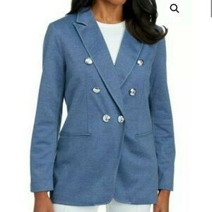 TAHARI Long Sleeve Peak Lapel Jacket denim blue silver Medallion blazer size 10